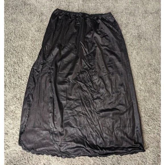 Womens Nylon Half Slip Anti Static Black Embroidered Scalloped Slit Silky~Sz S - Picture 1 of 5